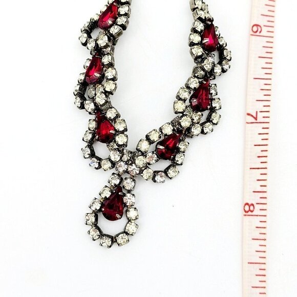 Vintage Deep Red & Clear Rhinestone Choker Necklace Teardrop Silver Tone 15" - Picture 9 of 9